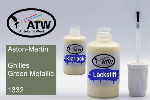 Aston-Martin, Ghilles Green Metallic, 1332: 20ml Lackstift + 20ml Klarlack - Set, von ATW Autoteile West.